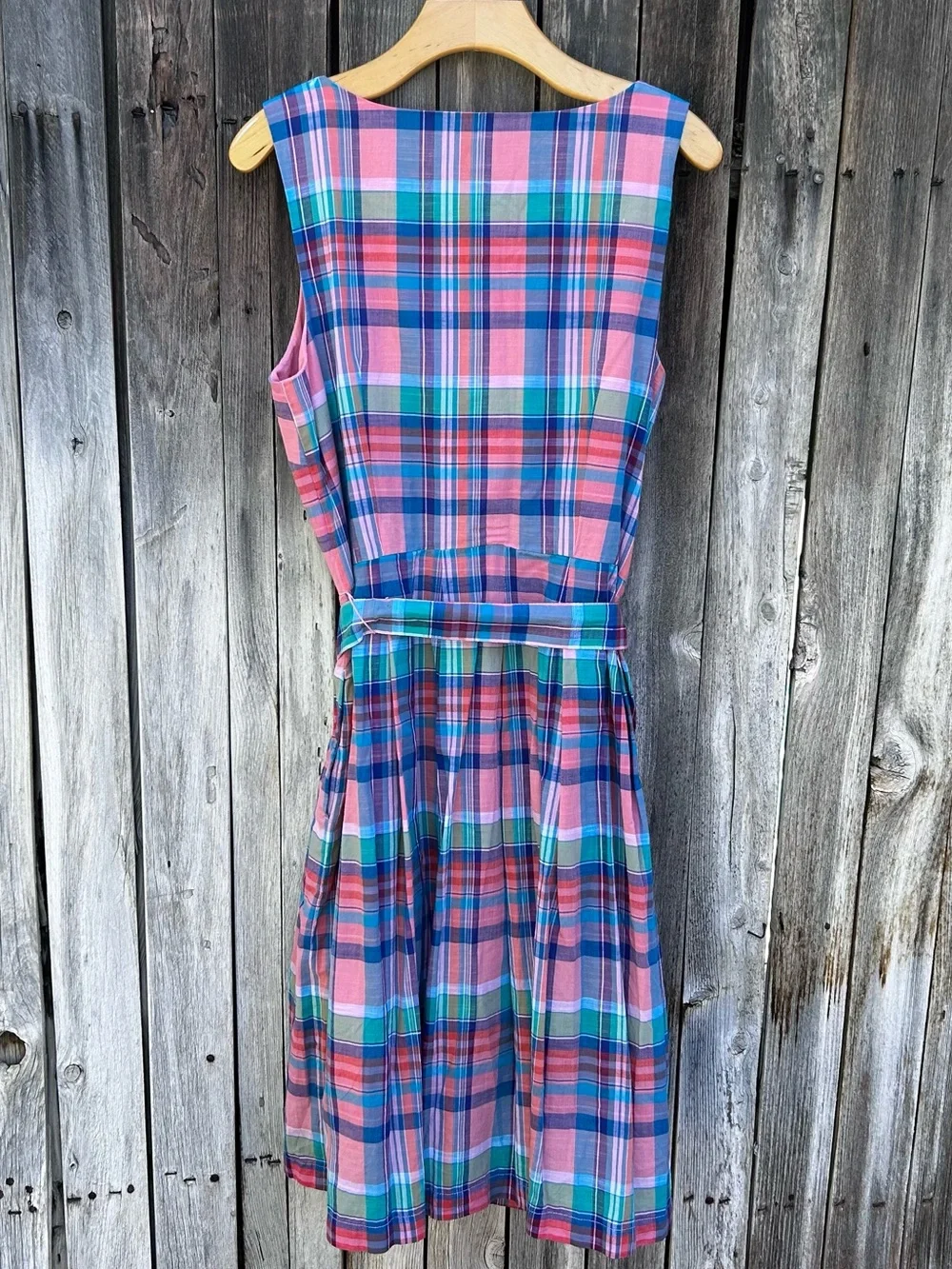 Talbots Madras Plaid Button Front Shirtdress Belted Cotton Pink Blue 12 - Picture 10 of 16